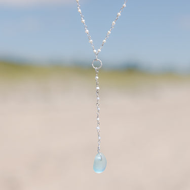 Sterling Silver Aqua Blue Sea Glass + Pearl Drop Necklace